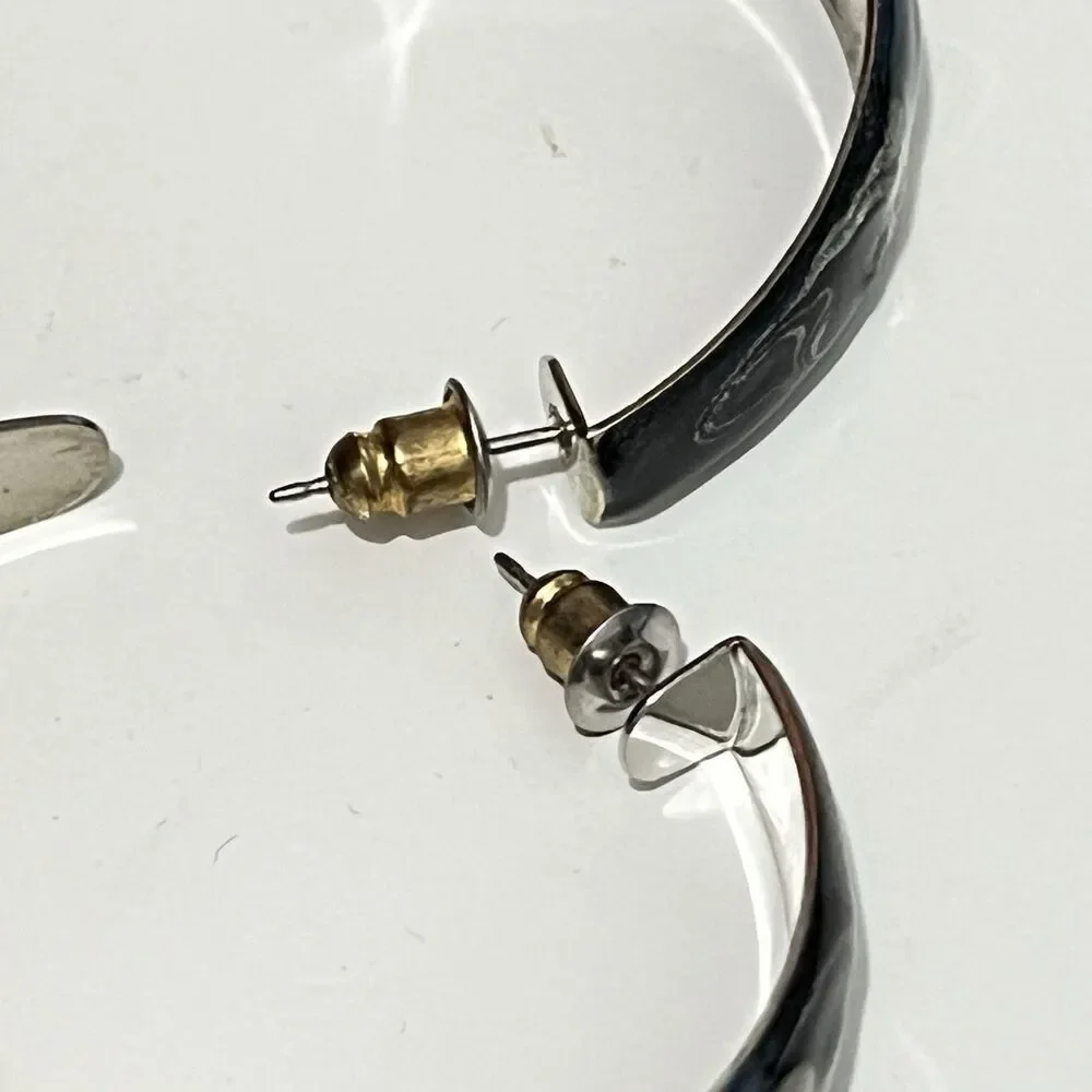 Vintage Round Metal Blue Silver Shimmer Hoop‎ Earrings